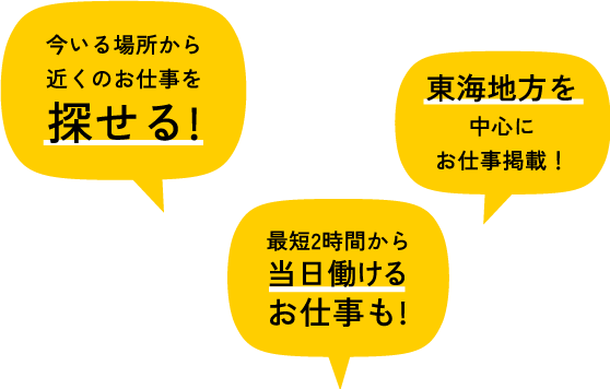 今いる場所から近くのお仕事を探せる!最短2時間から当日働けるお仕事も!東海地方を中心にお仕事掲載！